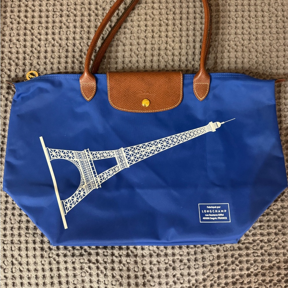 Longchamp Blue Tote with Eiffel Tower Motif